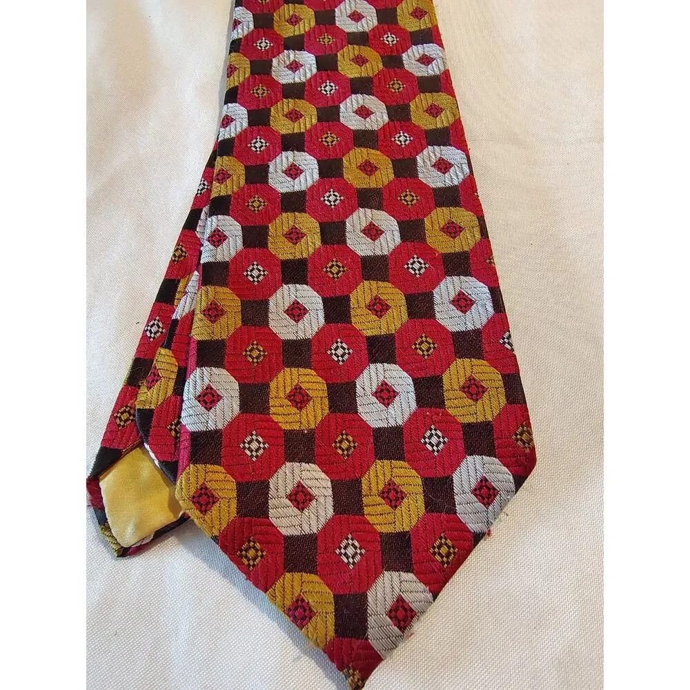 Vintage 1970s Polyester Necktie Red Gold Geometric Octagon Pattern